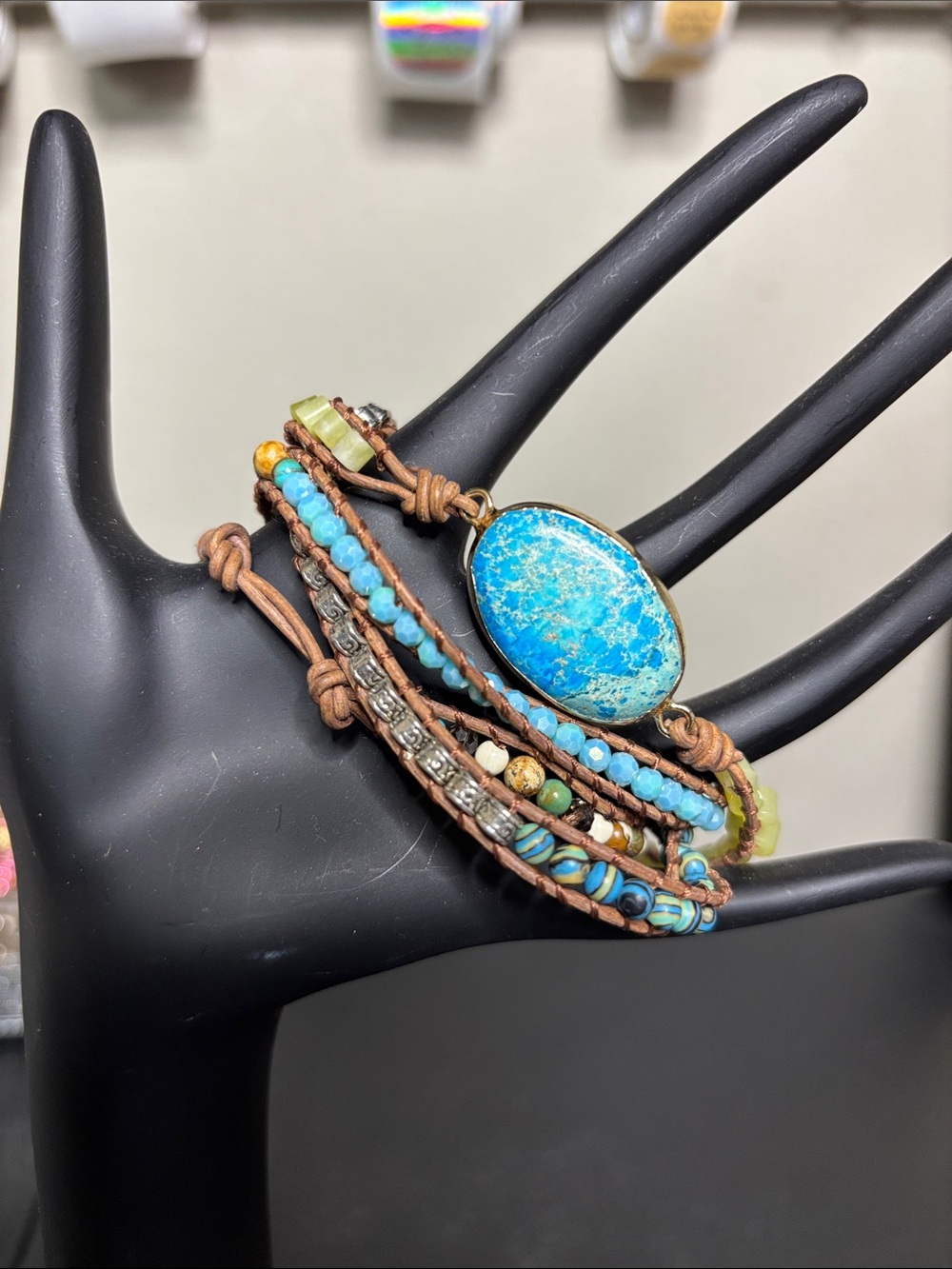 Handcrafted Turquoise Stone Bracelet Boho Western Wrap Leather